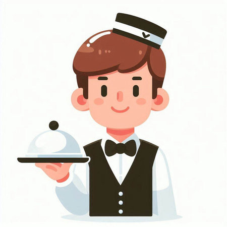 Illustration of a waiter holding a tray with a lid on a white backgroundのイラスト素材