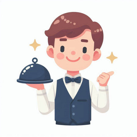 Cute cartoon waiter holding a tray of food. Vector illustration.のイラスト素材