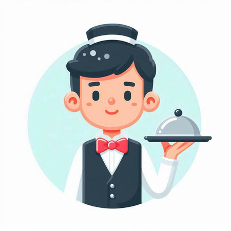 Waiter holding a tray of food. Vector illustration in cartoon style.のイラスト素材