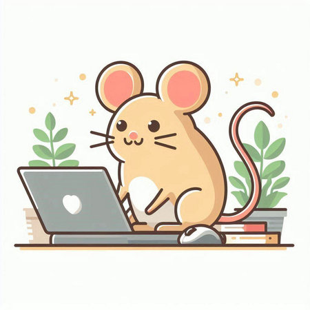Cute mouse and laptop. Vector illustration in a flat style.のイラスト素材