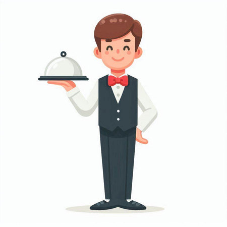 Waiter holding a tray with food. Vector illustration in cartoon styleのイラスト素材