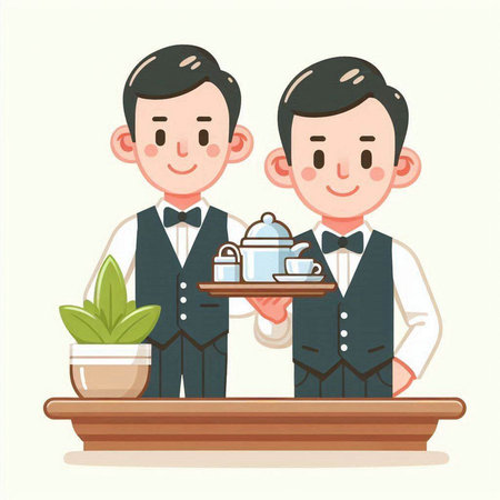 Bartender serving tea to the customer. Vector illustration in cartoon style.のイラスト素材