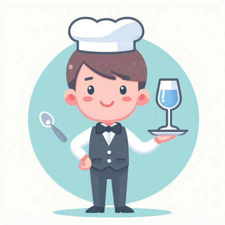 Cute cartoon chef holding a glass of wine. Vector illustration.のイラスト素材
