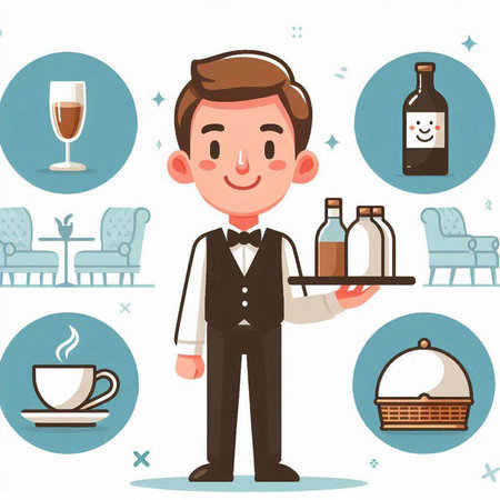 Waiter with a tray of drinks. Vector illustration in cartoon styleのイラスト素材