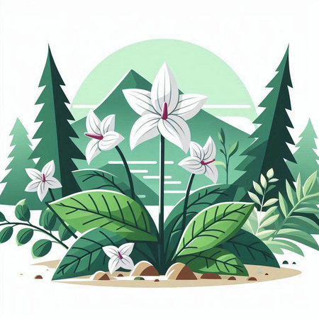Vector illustration of white flowers in the tropical forest. Flat style.のイラスト素材