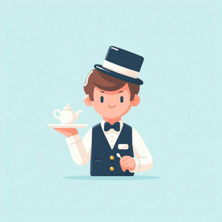 Waiter serving a cup of tea. Vector illustration in cartoon styleのイラスト素材
