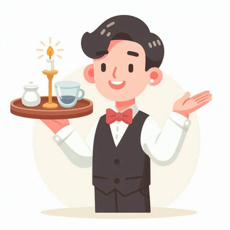 Illustration of a waiter serving a tray with a candle in a restaurantのイラスト素材