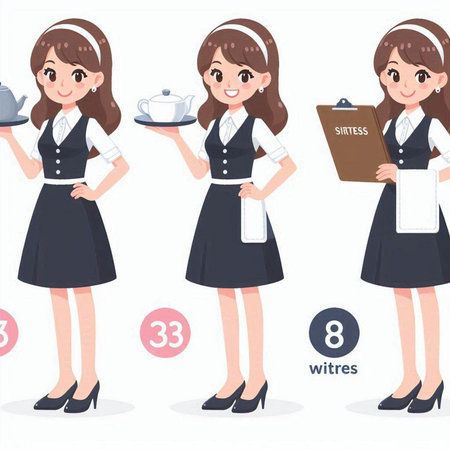 Waitress in uniform with a menu. Set of vector illustrations.のイラスト素材