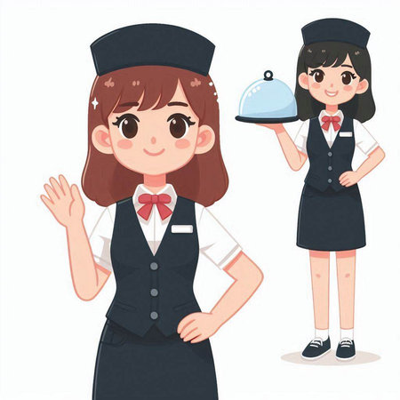 Illustration of a waitress holding a tray and a waitress wearing uniformのイラスト素材