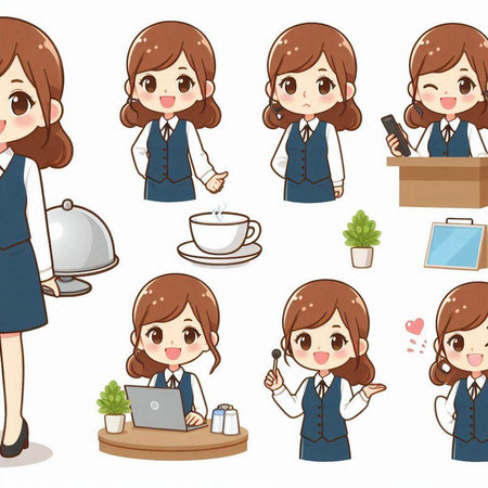 Illustration of a set of business woman in uniform with various gesturesのイラスト素材