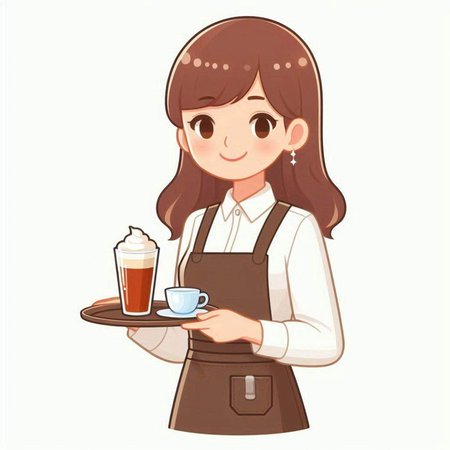Illustration of a female barista holding a tray with a cup of coffeeのイラスト素材