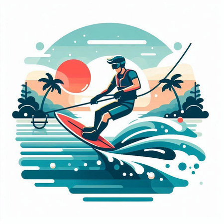 Vector illustration of a man riding a surfboard on the beach.のイラスト素材