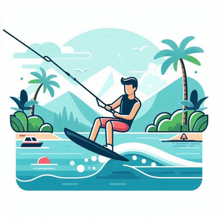Young man wakeboarding on the sea. Vector illustration in flat styleのイラスト素材