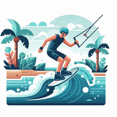 Water sport vector illustration in flat cartoon style. Surfer riding a wave.のイラスト素材