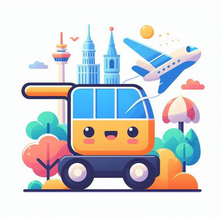 Vector illustration of cartoon train with airplane in the background. Travel concept.のイラスト素材