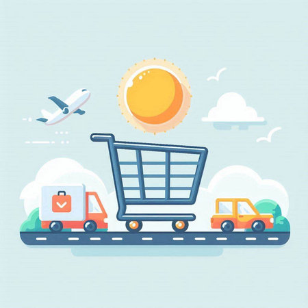 Vector illustration of a shopping cart on the road. Flat design.のイラスト素材