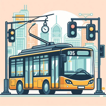 Vector illustration of yellow bus on a city street with traffic lights.のイラスト素材