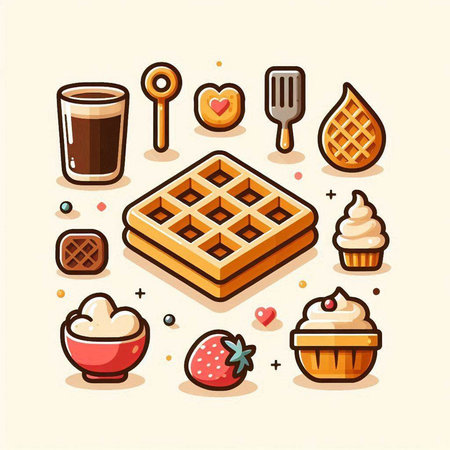 Vector illustration of sweet food in flat style - waffles, cupcake, ice cream, spoon, fork, spoon, bowl of chocolate.のイラスト素材