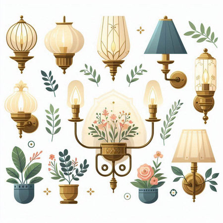 Lanterns and lamps with flowers and leaves. Vector illustration.のイラスト素材