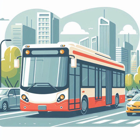 Bus on the city street. Vector illustration in flat cartoon style.のイラスト素材