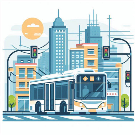 Bus in the city. Vector illustration in flat style. Cityscape.のイラスト素材