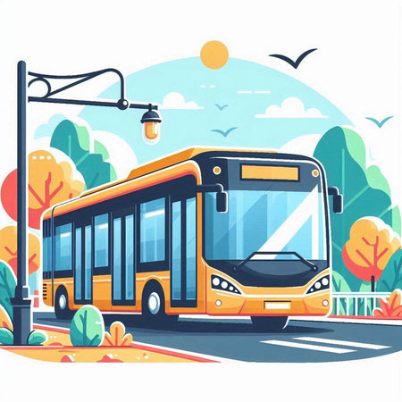 Bus on the street. Vector illustration in flat style. Bus stop.のイラスト素材