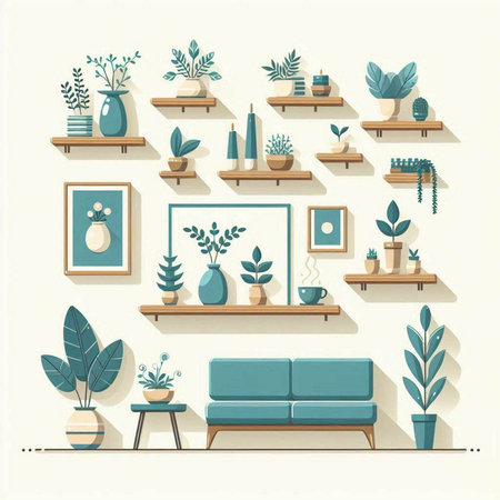Flat modern interior design concept with furniture and plants. Vector illustrationのイラスト素材
