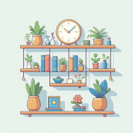 Shelves with home plants. Vector illustration in flat style.のイラスト素材