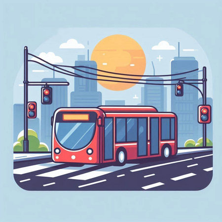 City transport. Bus and traffic lights. Vector illustration in flat styleのイラスト素材