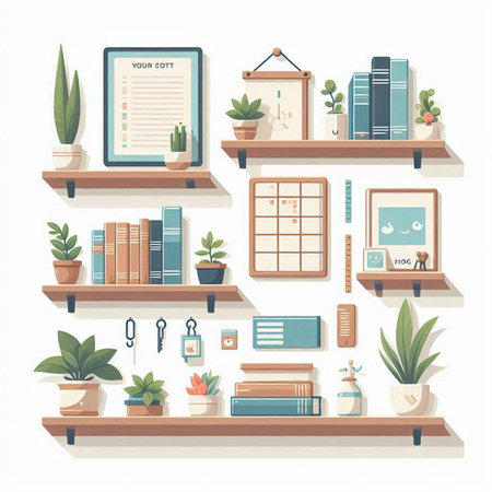 Bookshelf with books and plants. Vector illustration in flat styleのイラスト素材