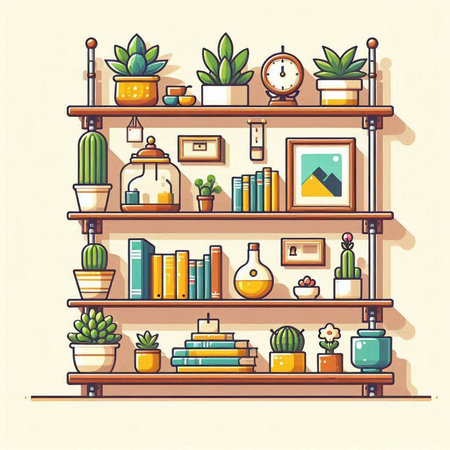 Shelves with books and succulents. Vector illustration.のイラスト素材