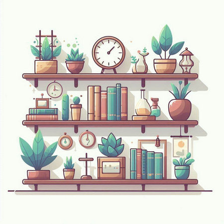 Bookshelves with plants and clocks. Vector illustration in flat styleのイラスト素材