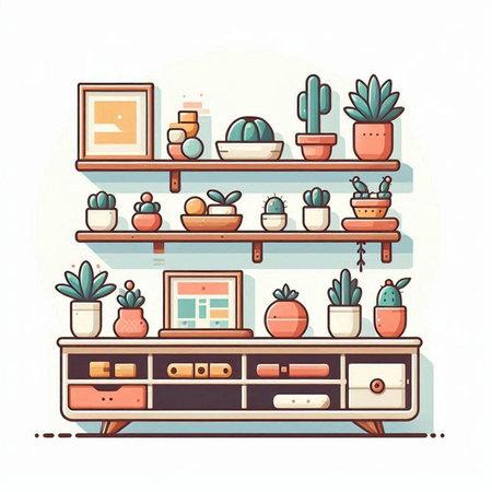 Vector illustration of a shelf with various houseplants in pots.のイラスト素材