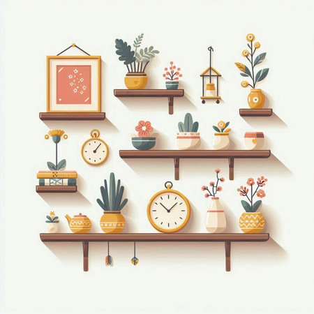 Illustration of a shelf with different home related objects on a white backgroundのイラスト素材