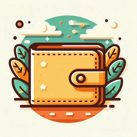 Wallet icon with leaves and clouds. Vector illustration in flat style.のイラスト素材