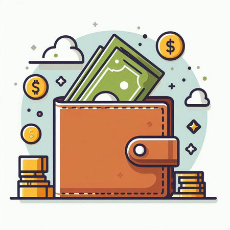 Wallet with money and coins. Vector illustration in thin line style.のイラスト素材
