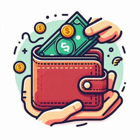 Wallet with money in hand. Vector illustration in line art style.のイラスト素材