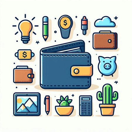 Flat line icons set of wallet, wallet, credit card, calculator, money, piggy bank, lightbulb, lamp, cactus and other objectsのイラスト素材