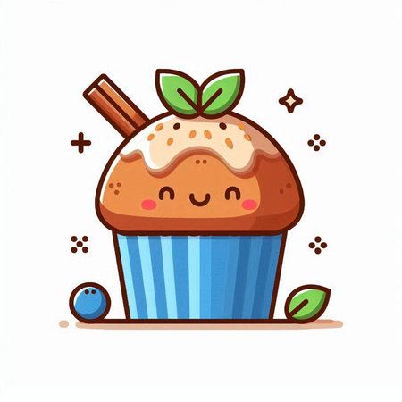 Cute muffin with cinnamon and mint. Vector flat cartoon character illustration icon designのイラスト素材