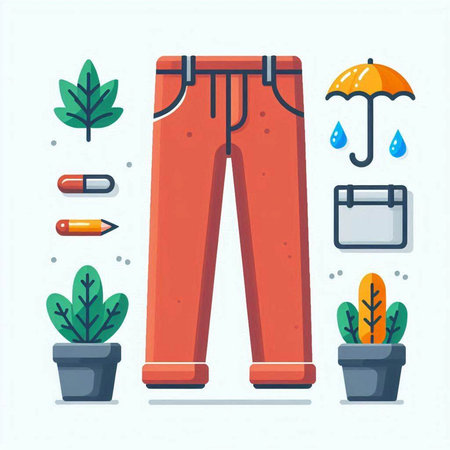 Flat design modern vector illustration icons set of men's pants, accessories and things for the rainy season.のイラスト素材