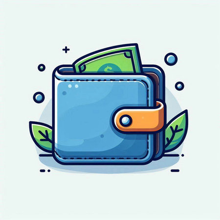 Wallet with money and leaves. Vector illustration in a flat style.のイラスト素材