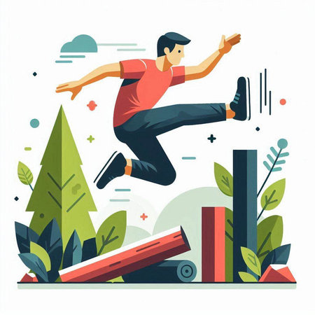 Vector illustration of a young man jumping over obstacles in the park.のイラスト素材