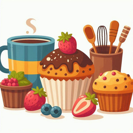 Coffee cup, cake and muffins. Vector illustration.のイラスト素材