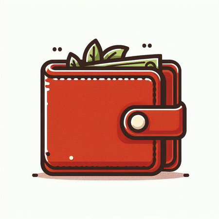 Illustration of a red wallet with money on a white background.のイラスト素材