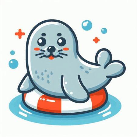 Cute seal with lifebuoy on white background. Vector illustration.のイラスト素材