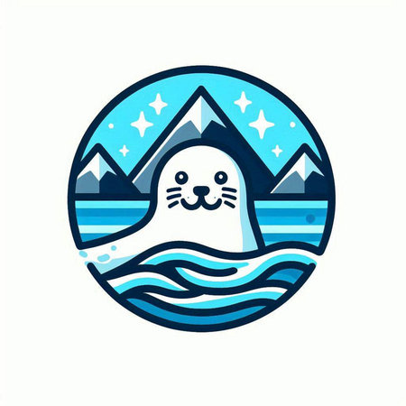 Cute seal in the circle with mountains and sea. Vector illustration.のイラスト素材