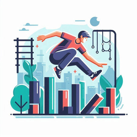 Handsome man jumping over bar graph. Flat vector illustration.のイラスト素材
