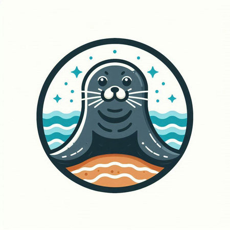Sea animal seal in a circle. Vector illustration in flat style.のイラスト素材