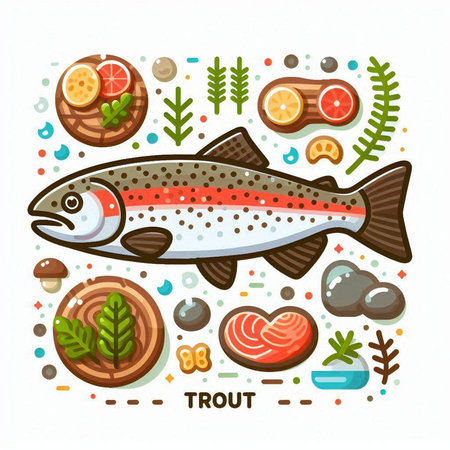 Vector flat style illustration of salmon fish on white background. Seafood.のイラスト素材