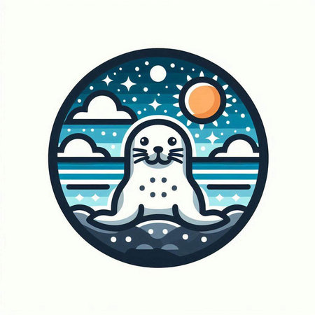 Vector illustration of a seal on the background of the night sky.のイラスト素材